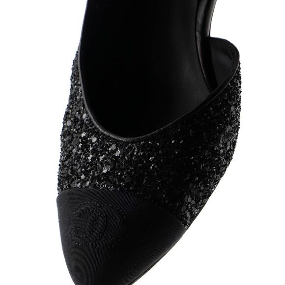 Chanel Women's CC Cap Toe Ankle Strap Slingback Pumps Glitter Leather with Grosg - Picture 5 of 6